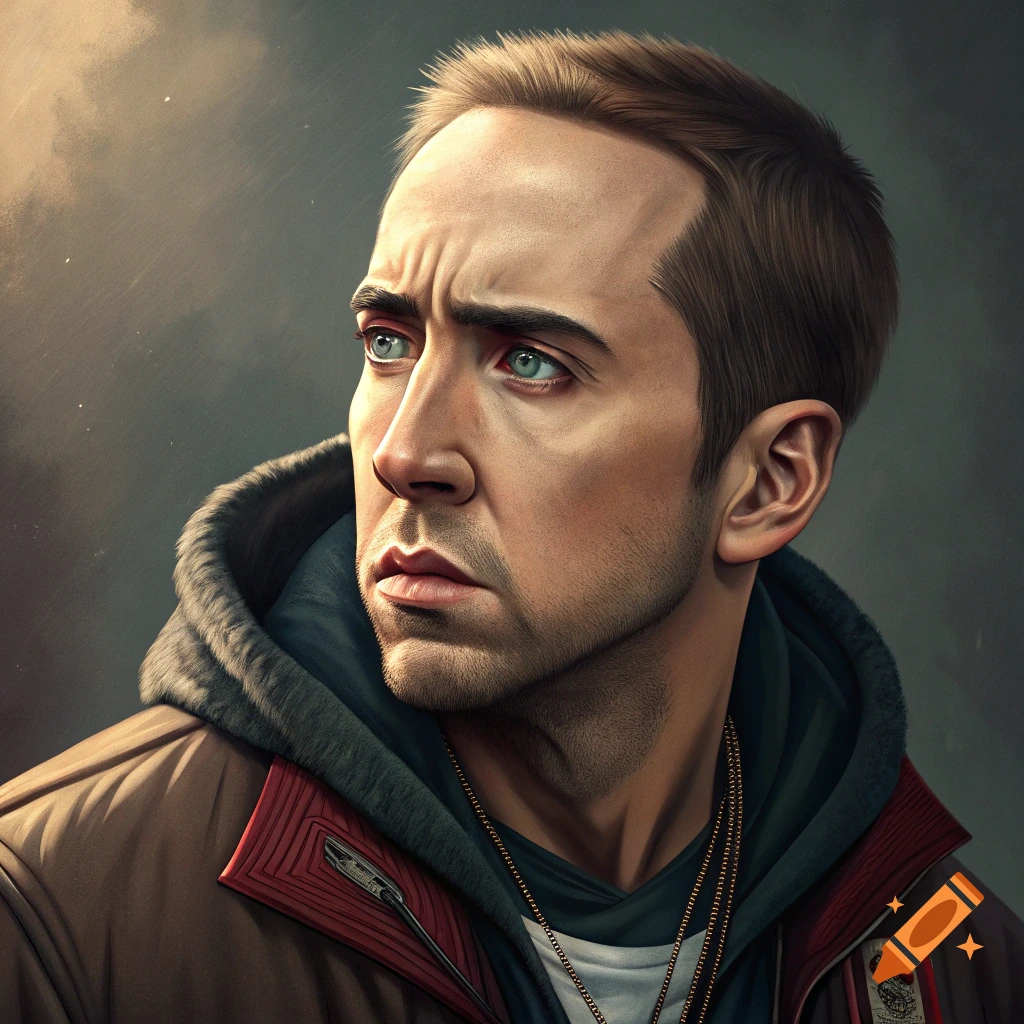 Close-up portrait of a man with prominent features, wearing a jacket and necklaces.
