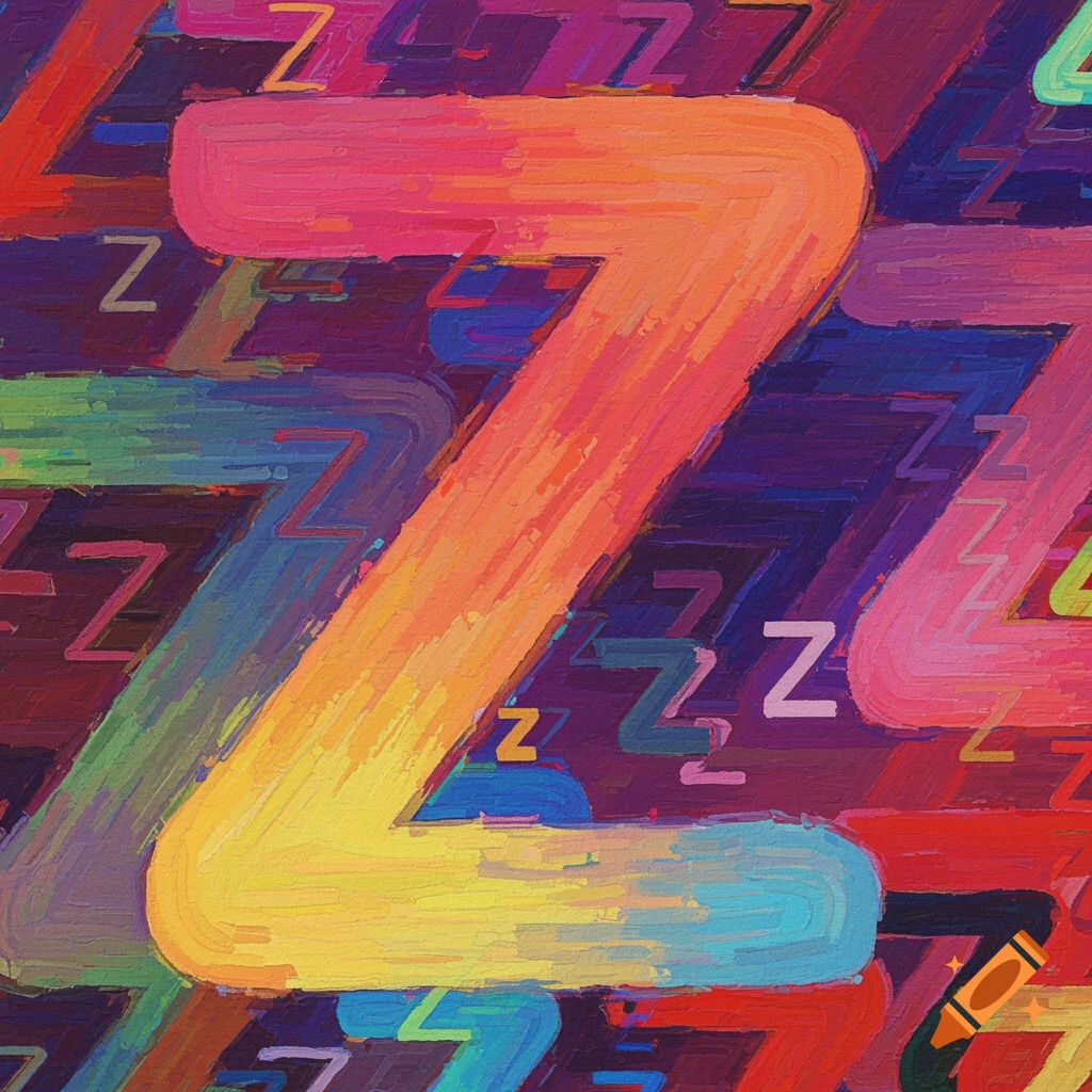 Colorful abstract painting with brushstrokes featuring multiple depictions of the letter Z.