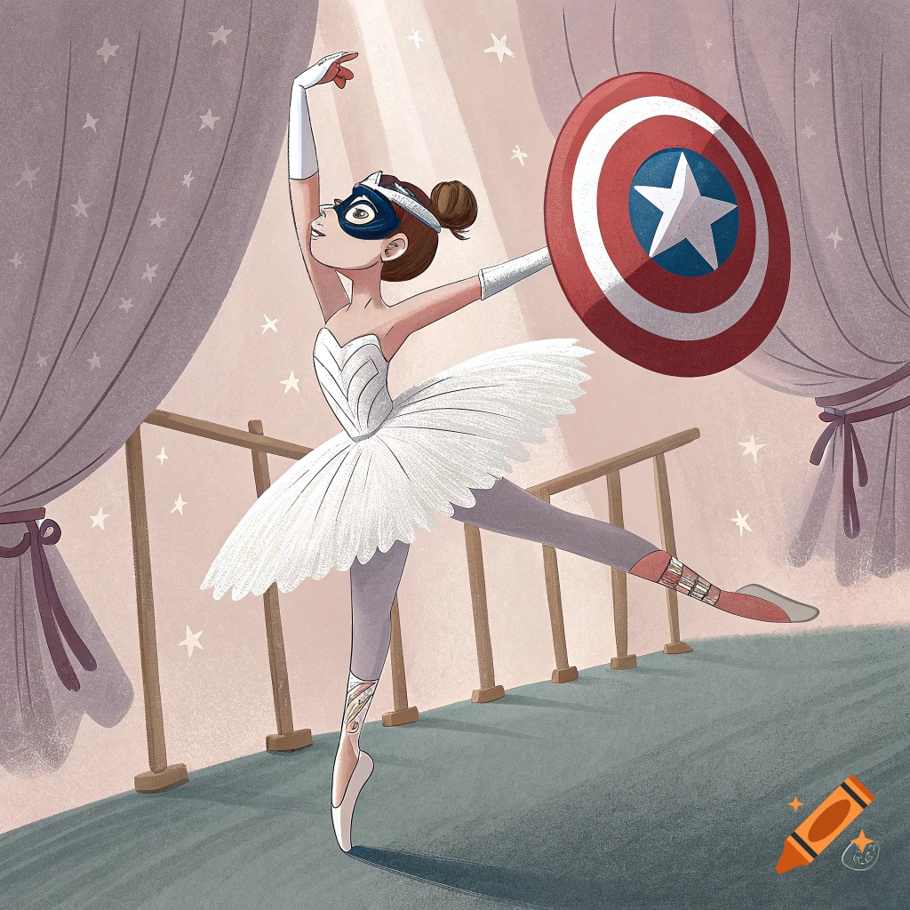 An illustration of a young ballerina dressed as Captain America, complete with mask and shield, performing on a stage.