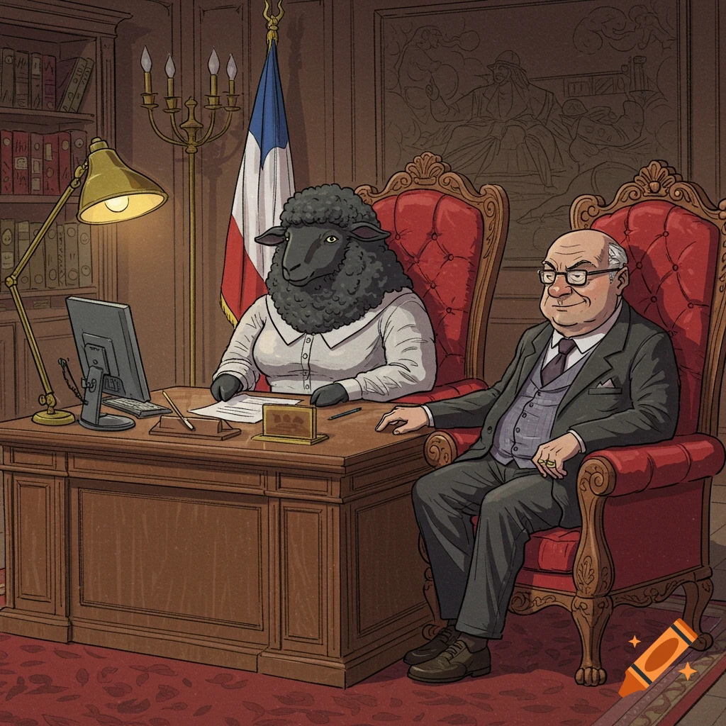 Illustration of an anthropomorphic black sheep and man sitting in chairs behind a desk.