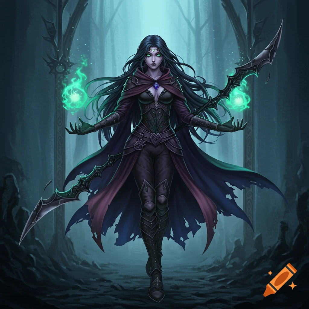 Dark fantasy character with glowing green energy and dual blades in a ruined forest.