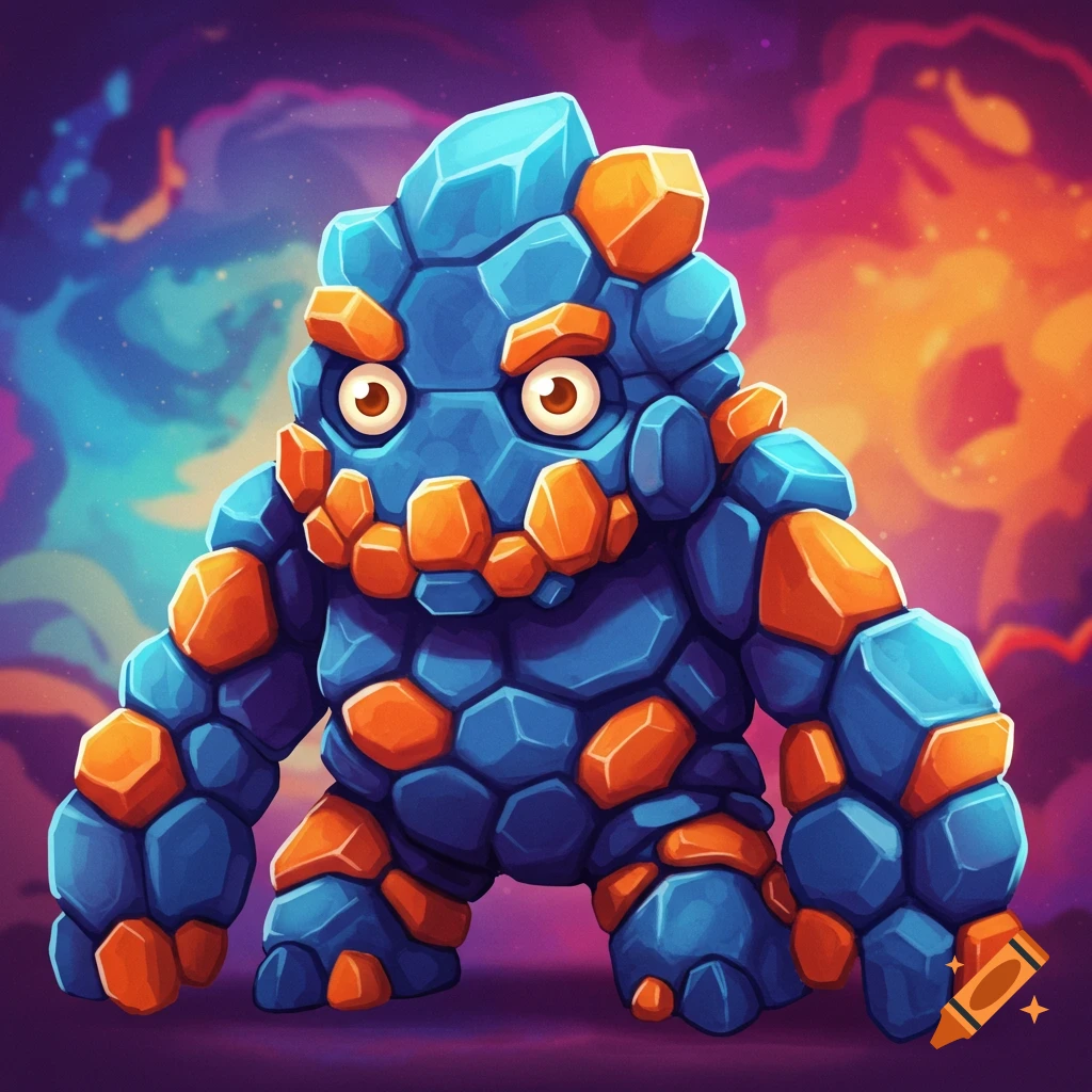 A cute stylized blue and orange rock monster stands against a colorful cloudy background.