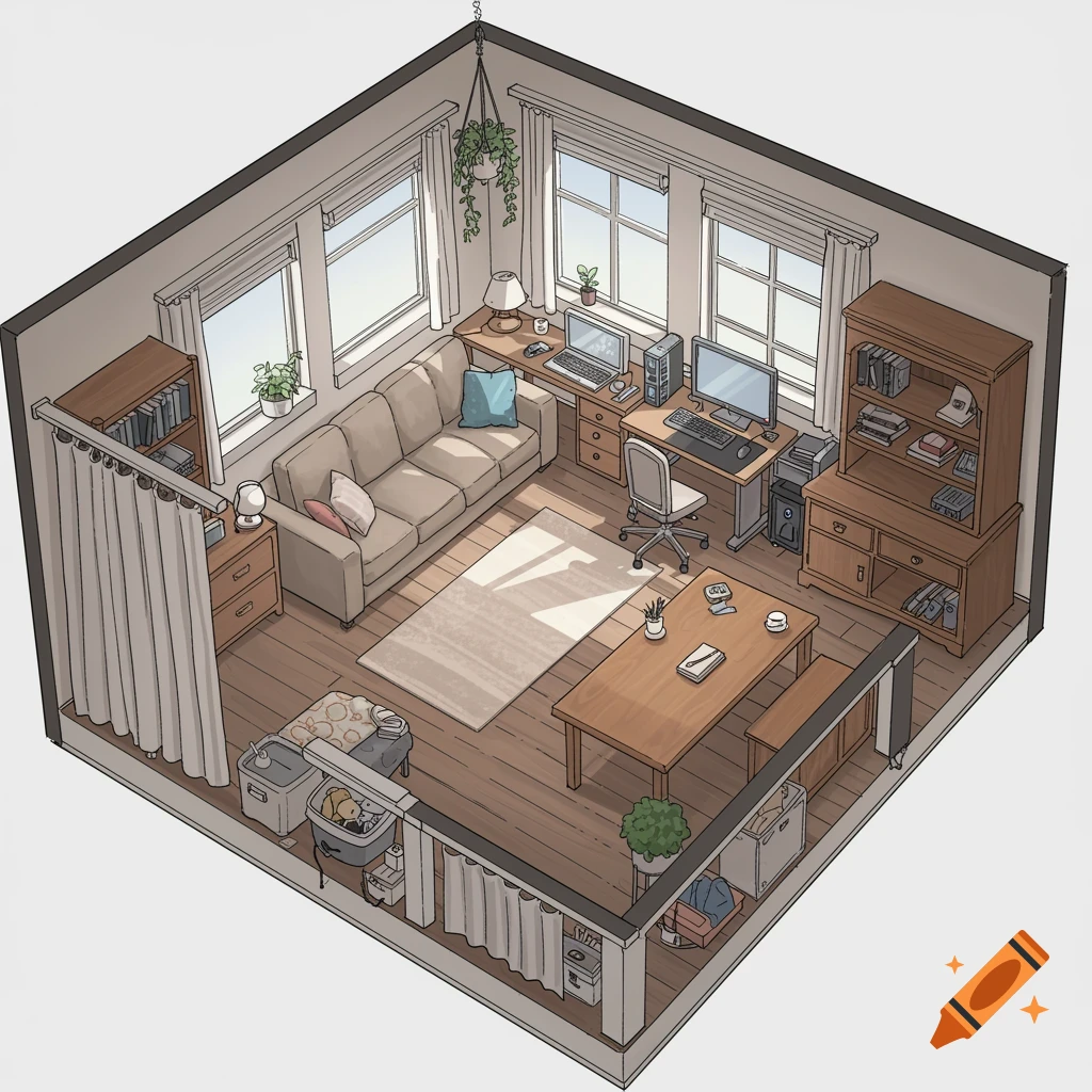 Isometric sketch of a room layout with couch, desks, and storage.