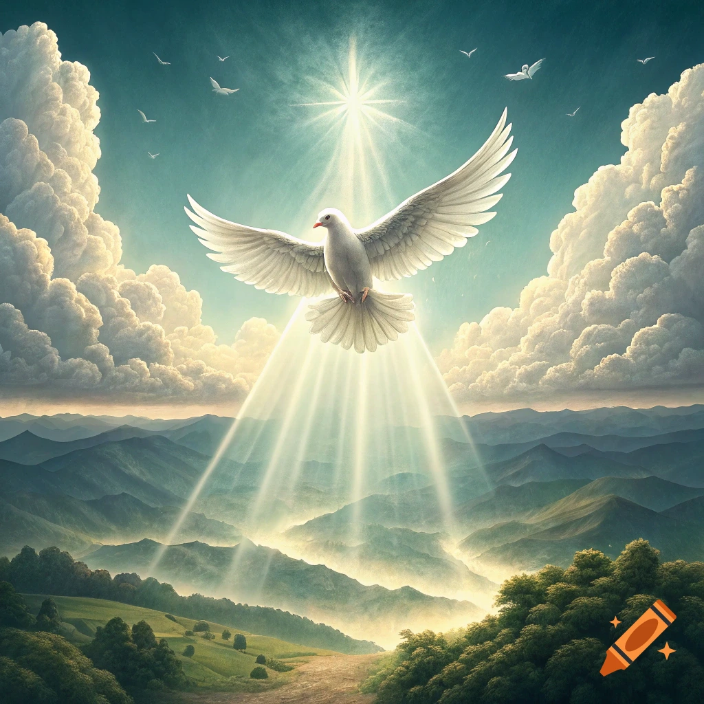A white dove with outstretched wings descends from a bright starburst in the sky, casting rays of light over a misty mountain landscape.