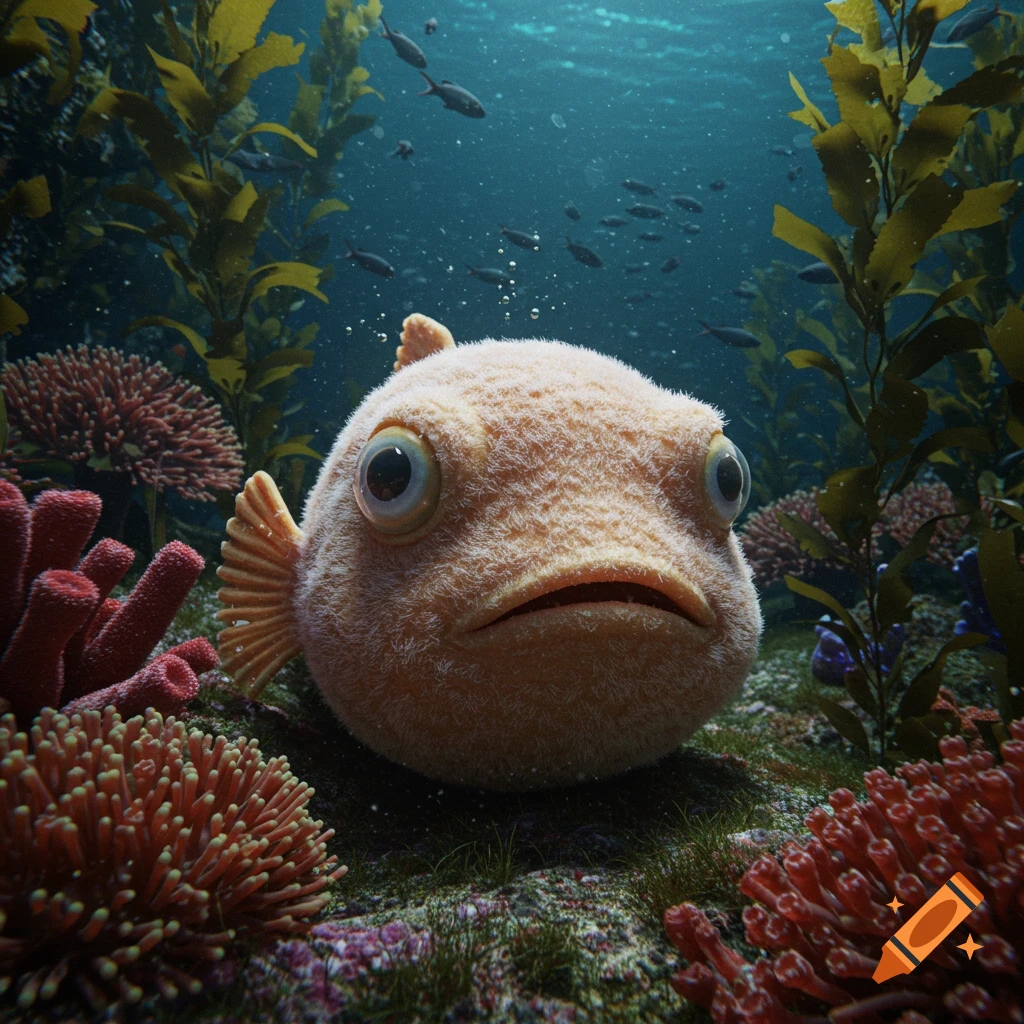 A fluffy, cartoonish fish underwater surrounded by coral and kelp.