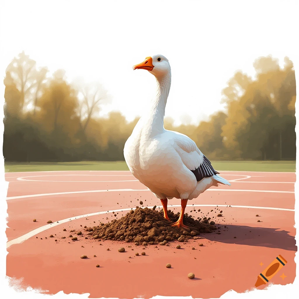A white goose stands on a dirt mound on a red sports court.