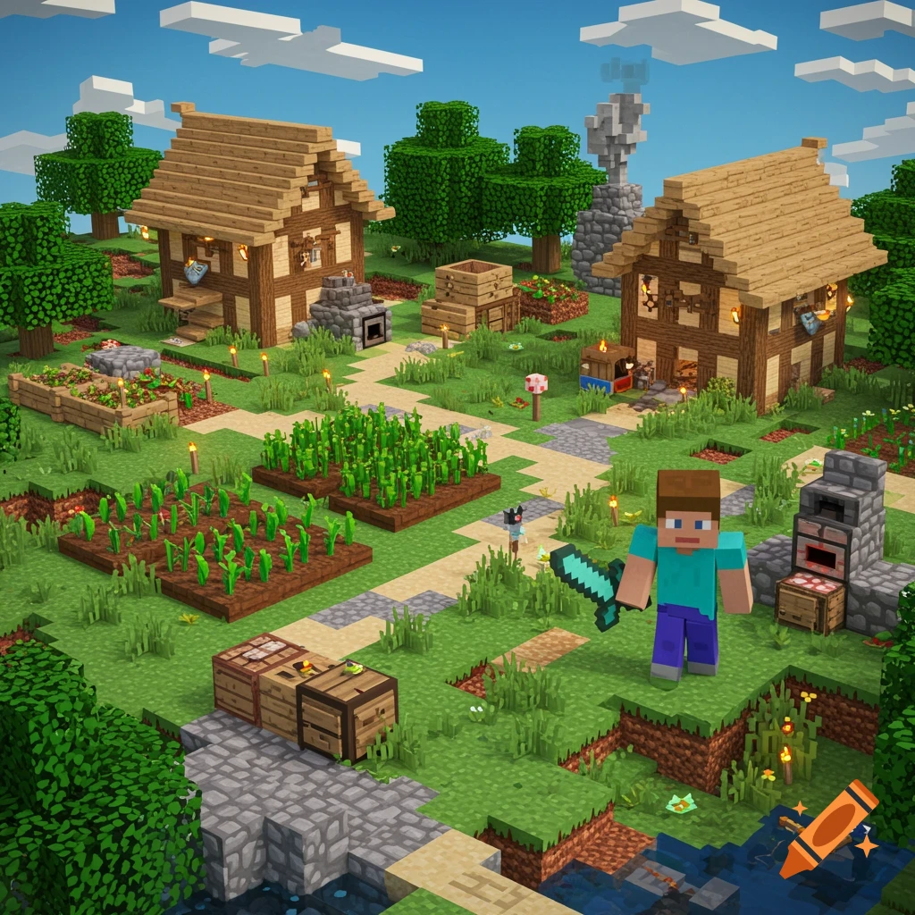 A Minecraft scene shows Steve with a diamond sword in a village with houses and farms under a blue sky.
