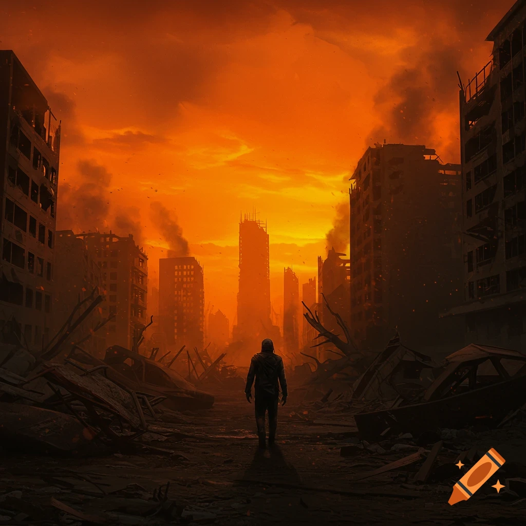 Figure walks through destroyed city street under smoky orange sky.