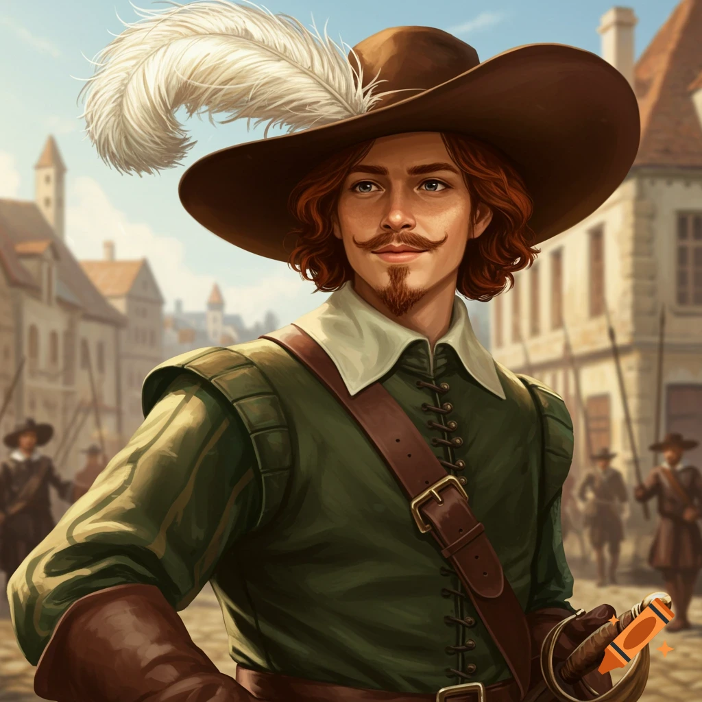 A young musketeer with a feathered hat and sword standing in a historic street.