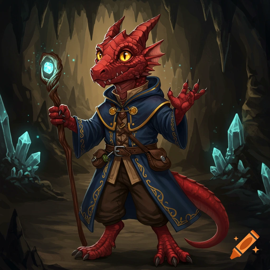 A red kobold in a blue mage cloak holds a staff in a crystal cave.
