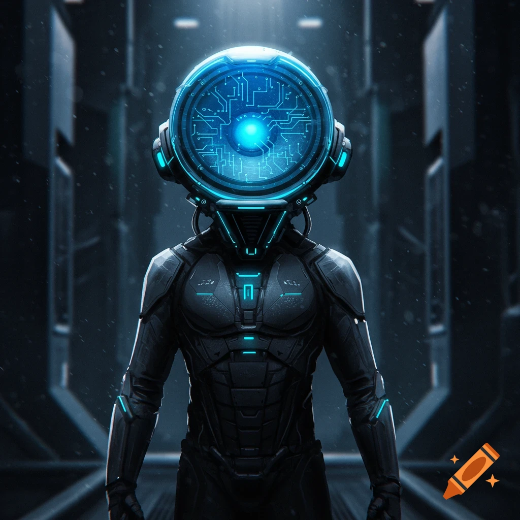 A dark, atmospheric photo of a futuristic robot with a large glowing blue circular head and a black armored suit in a corridor.