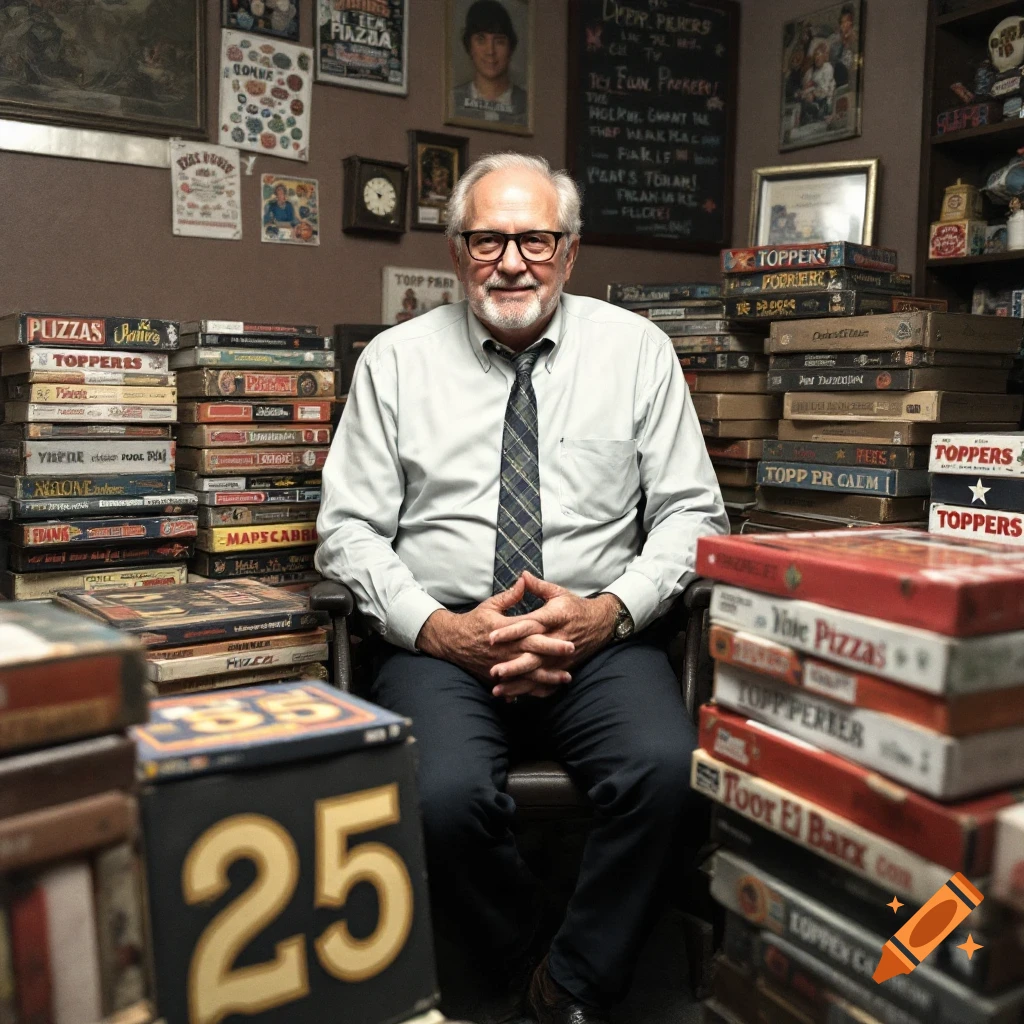 An older man sits smiling in a chair surrounded by tall stacks of pizza boxes and posters on the wall.