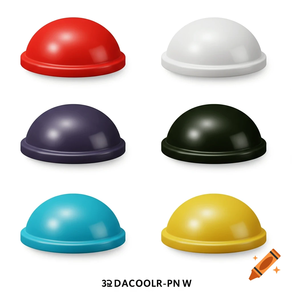 Six 3D dome shapes in red, white, purple, black, blue, and yellow arranged on a white background.