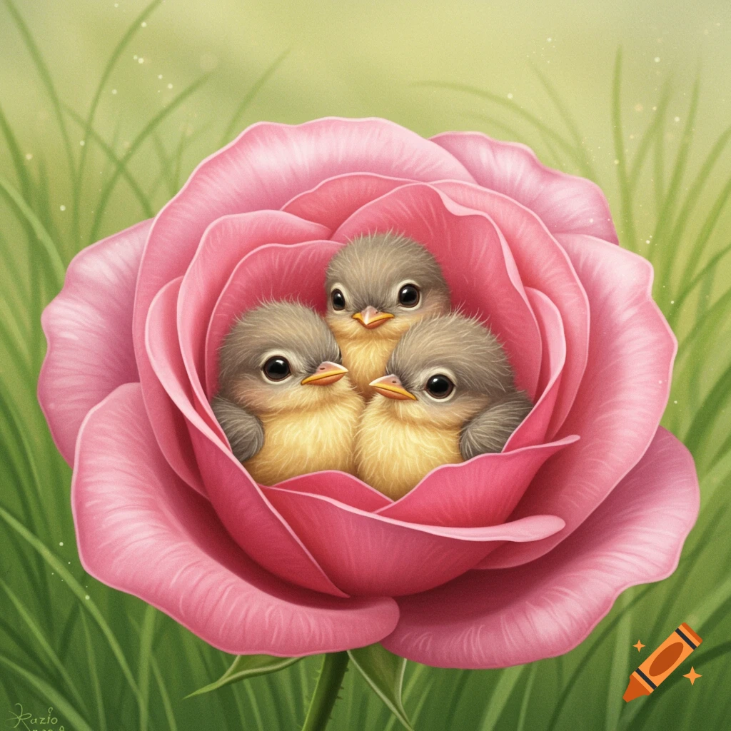 Three fluffy baby birds nestled in a pink rose, whimsical.