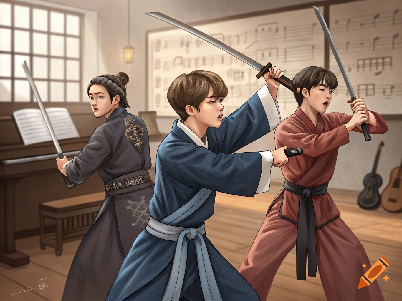 Illustration of three young men in traditional-style clothing practicing sword fighting in a music room.