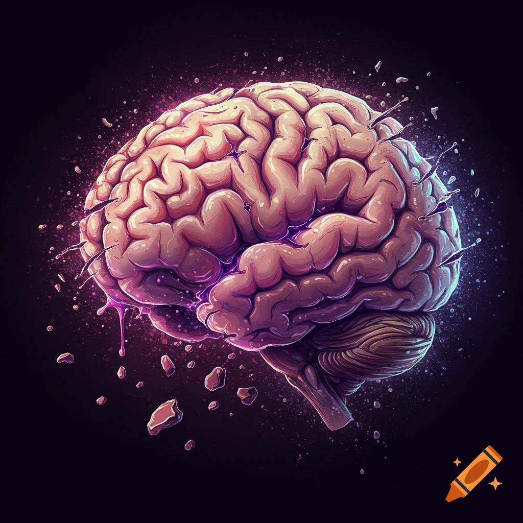 Stylized image of a brain tearing apart against a dark background.
