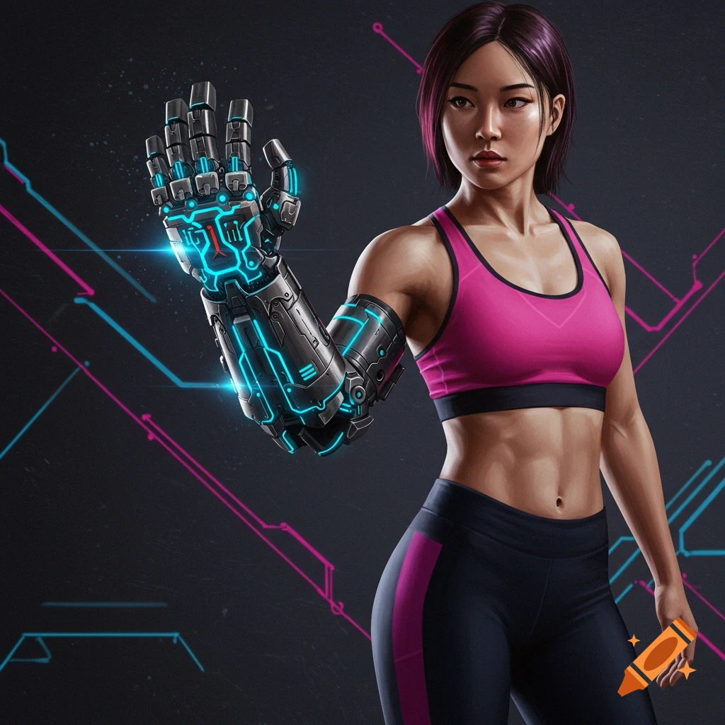 a woman in gym clothes with a glowing cybernetic arm