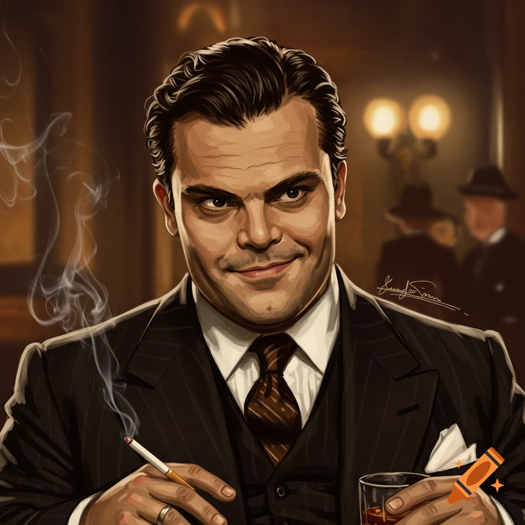 A man in a suit smokes a cigarette and holds a drink in a dimly lit room.