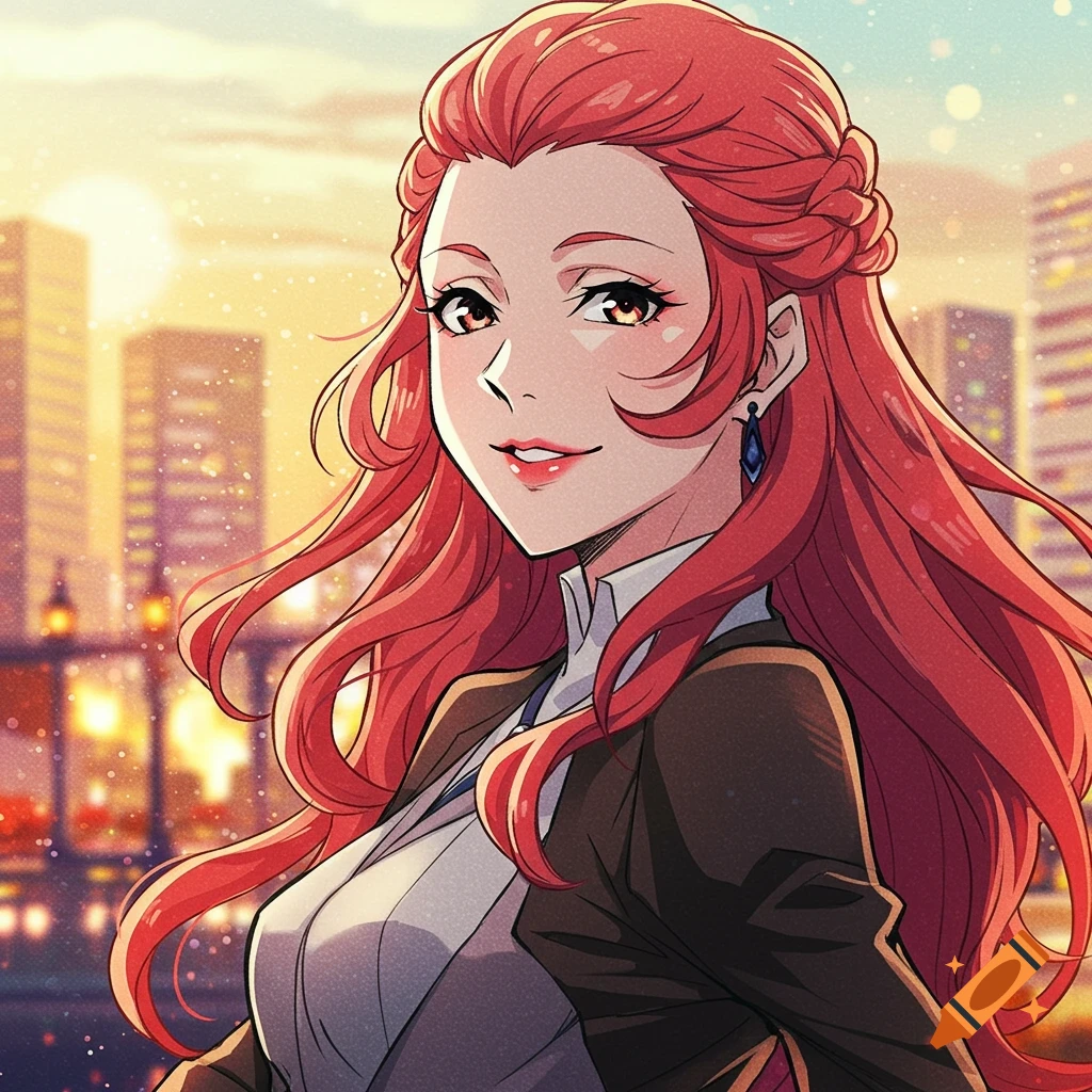 Anime style portrait of a red-haired woman in a city setting at sunset.