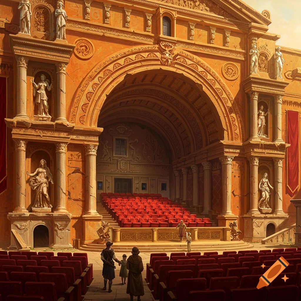 A grand ancient Roman theatre with rows of red seats and statues.