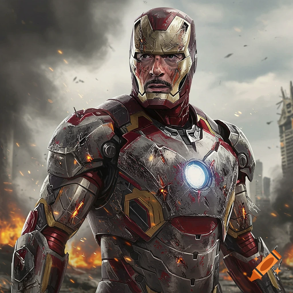 Battle-damaged Iron Man in a ruined city.
