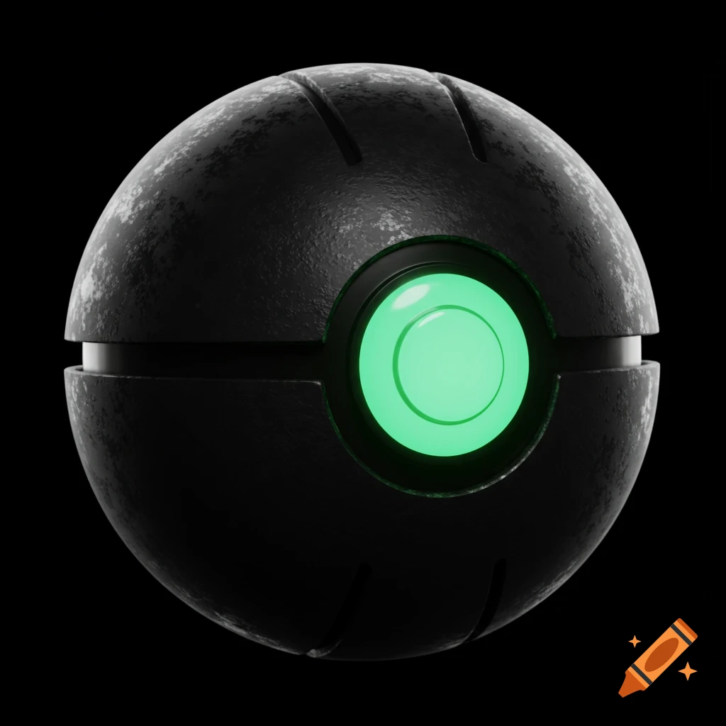 Close up of a black spherical object with a glowing green circle, like a futuristic sci-fi orb.