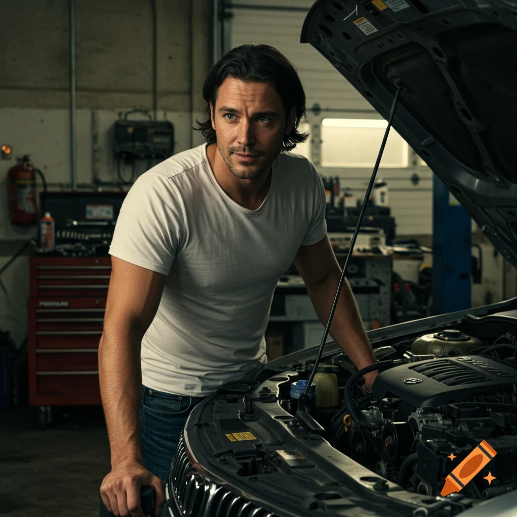 A man in a garage looks at a car engine with the hood open.