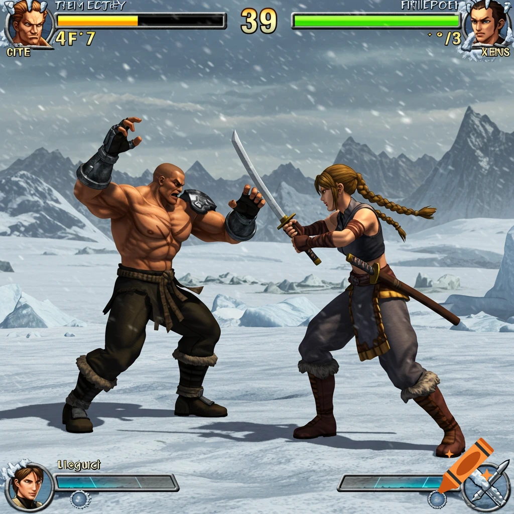 Two characters fight with swords in a snowy landscape, styled like a PS2 fighting game.