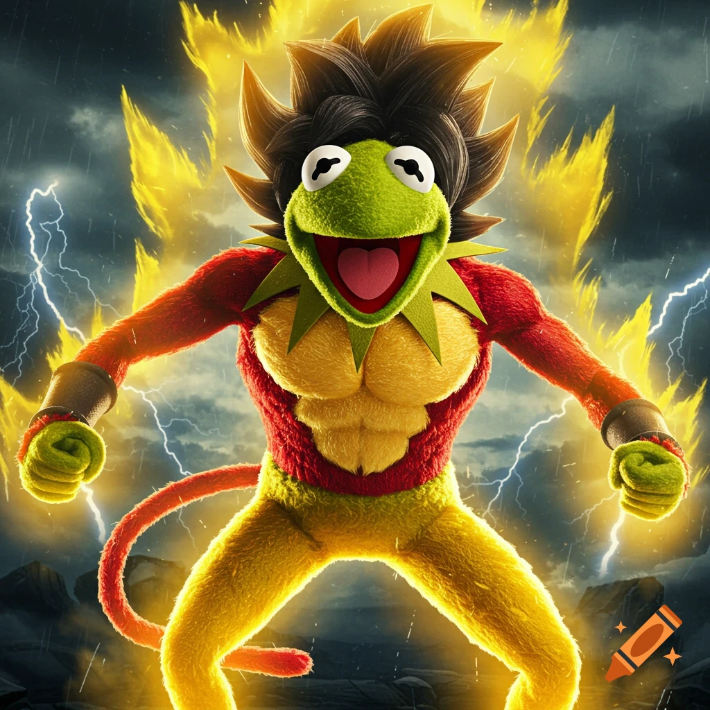 Kermit the Frog transformed into Super Saiyan 4, surrounded by golden aura and lightning.