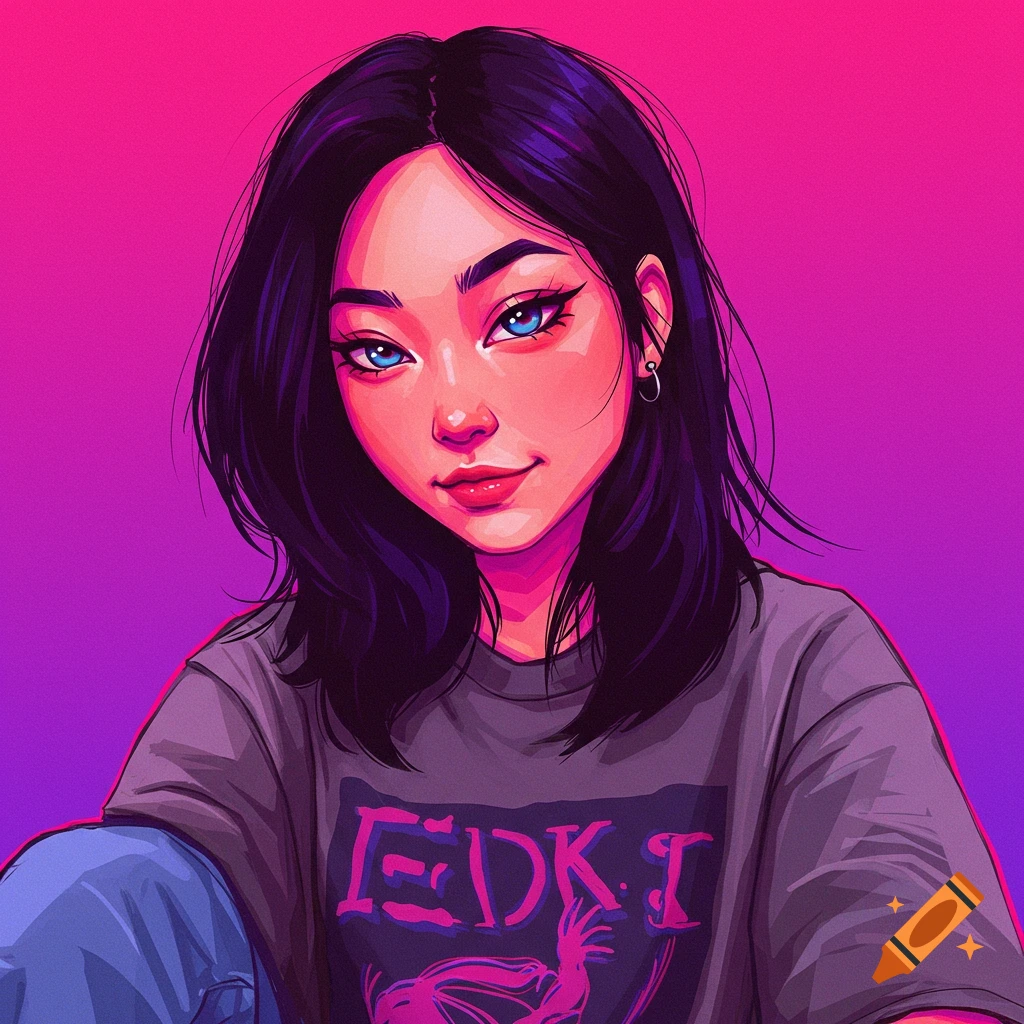 A young woman in a grey t-shirt against a pink background.