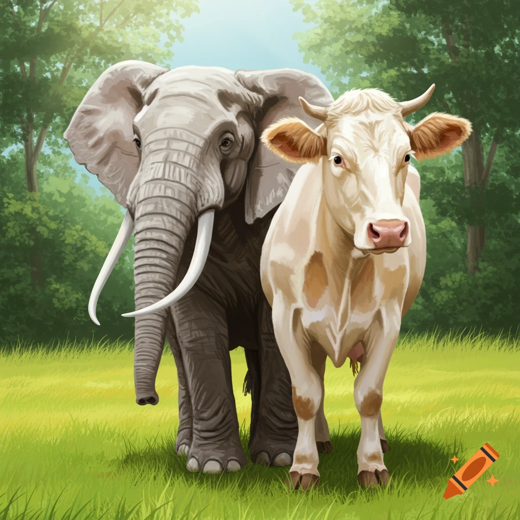 An elephant is standing next to a light brown cow in a grassy forest clearing.