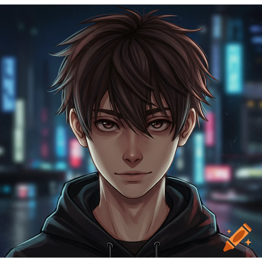 Anime portrait of a young man in a black hoodie against a blurry city background at night.