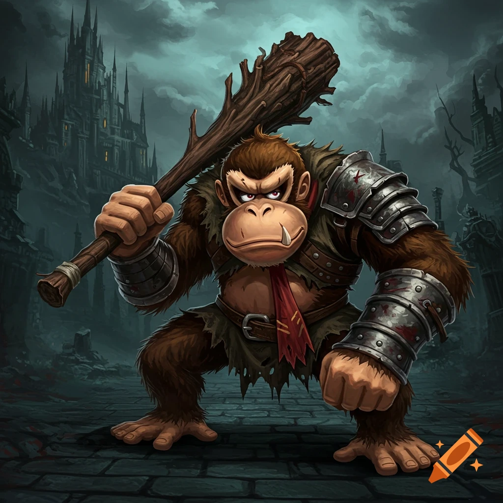 A large ape-like character in armor holds a club in front of a dark castle.