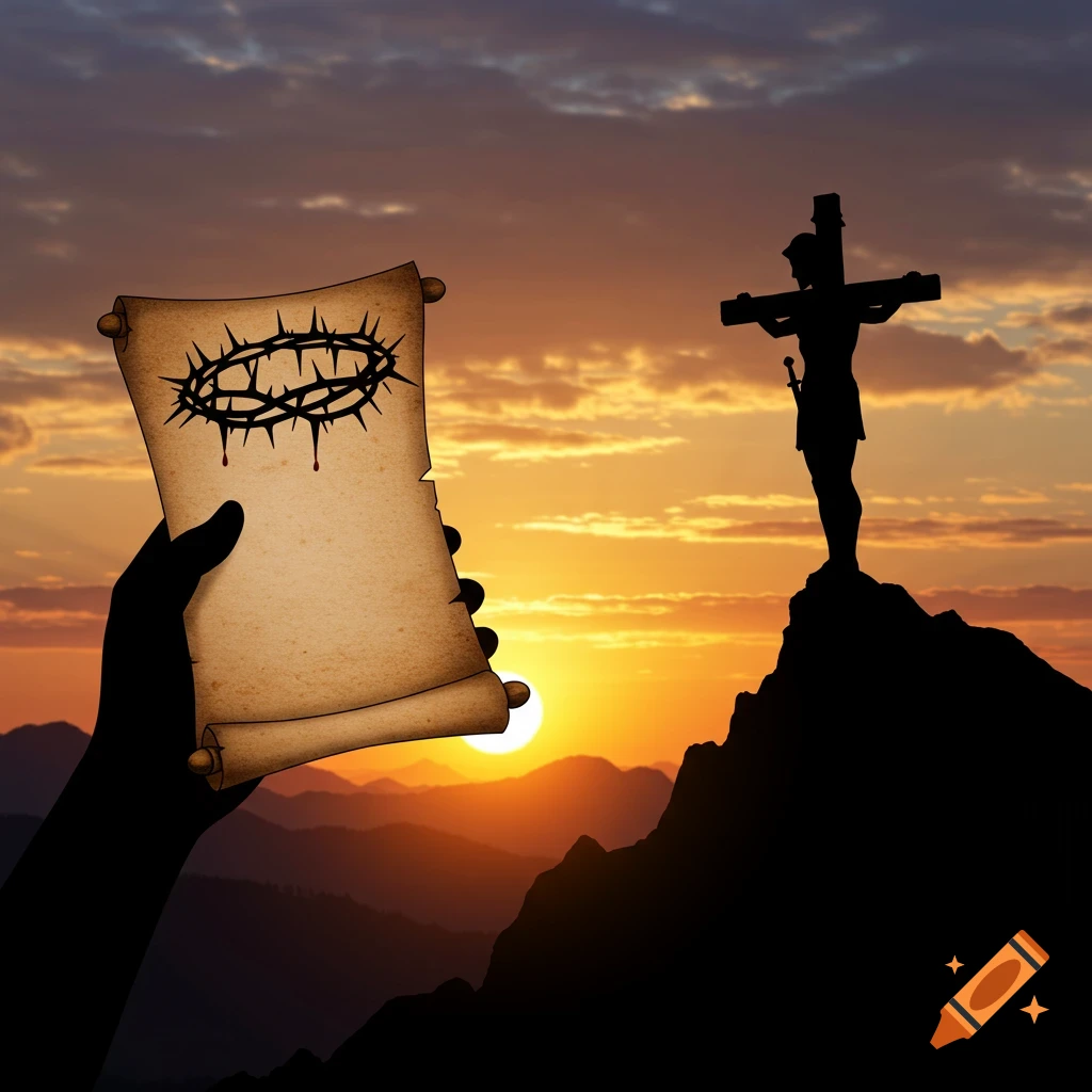 Silhouette of hand holding scroll with crown of thorns, crucifixion on mountain at sunrise