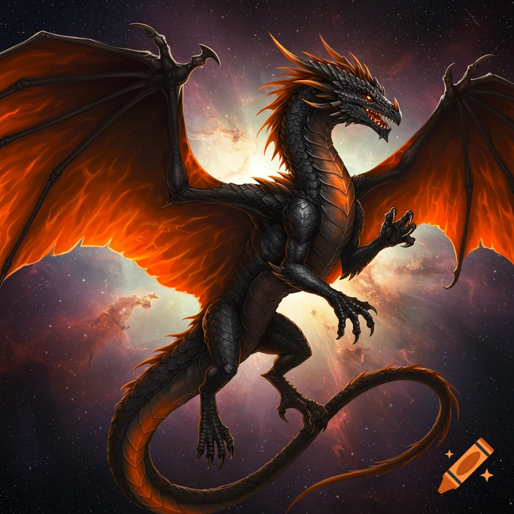 A black and orange dragon flying in space.