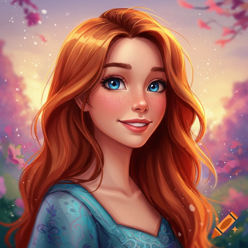 A vibrant image of a smiling young woman with long red hair and bright blue eyes.