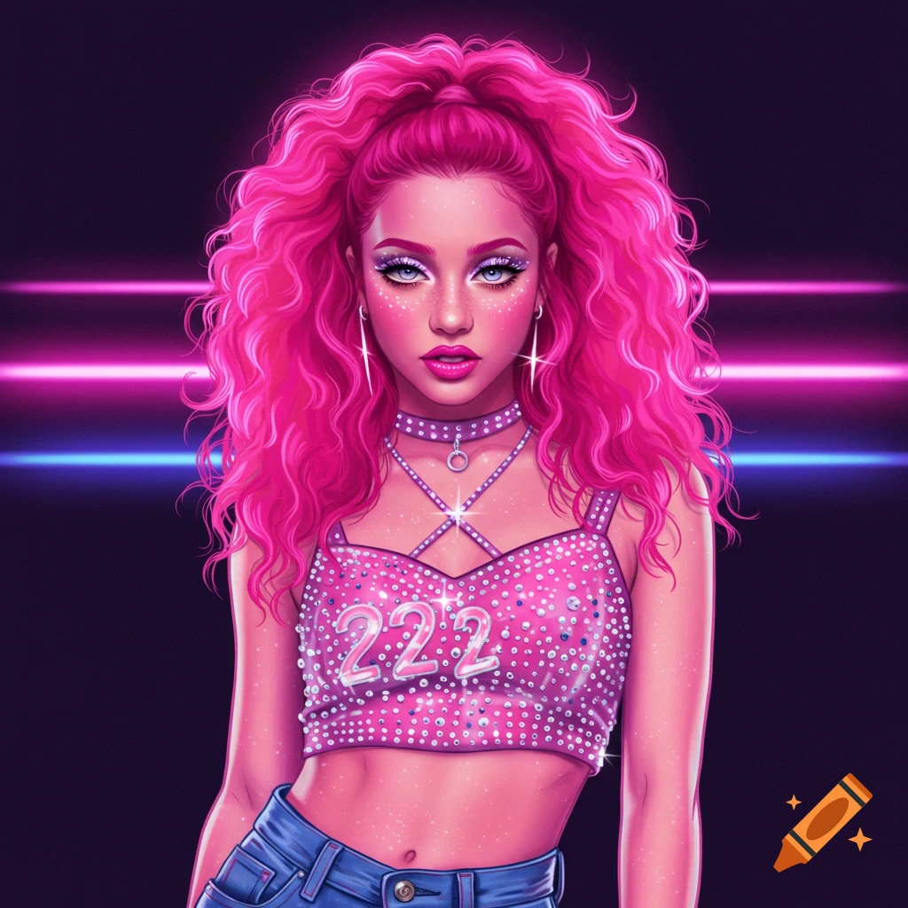 A woman with bright pink curly hair and makeup, wearing a sparkly pink top with '222', against neon lights.