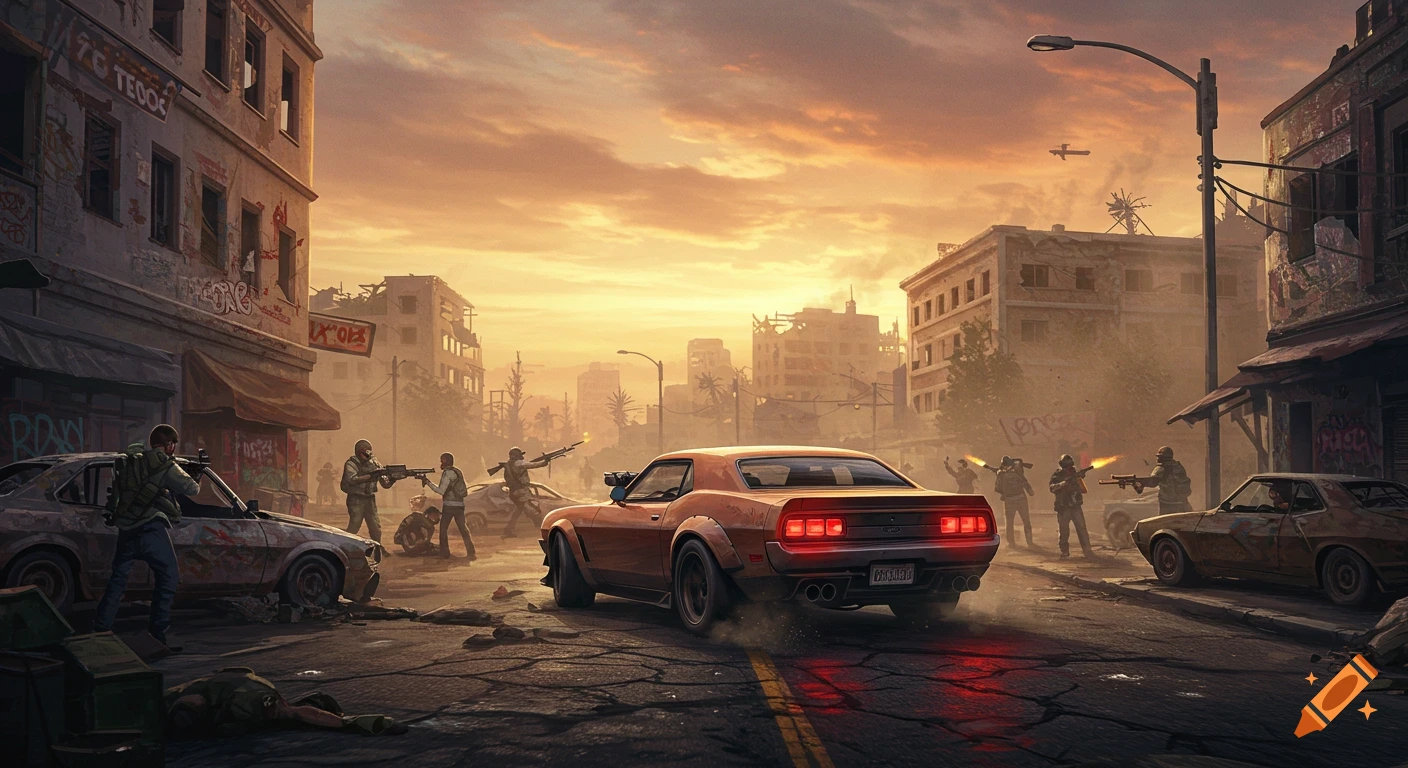 A post-apocalyptic city street with a car chase and armed figures fighting.