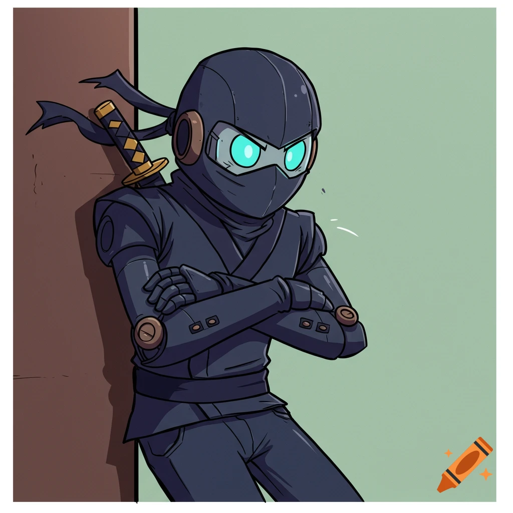 Cartoon robot ninja leaning against a wall with arms crossed, glaring.