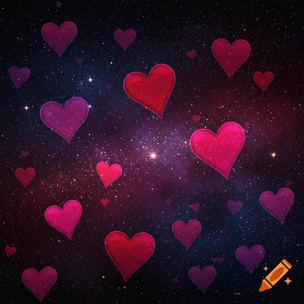 Red and pink hearts float among stars and a nebula in outer space.