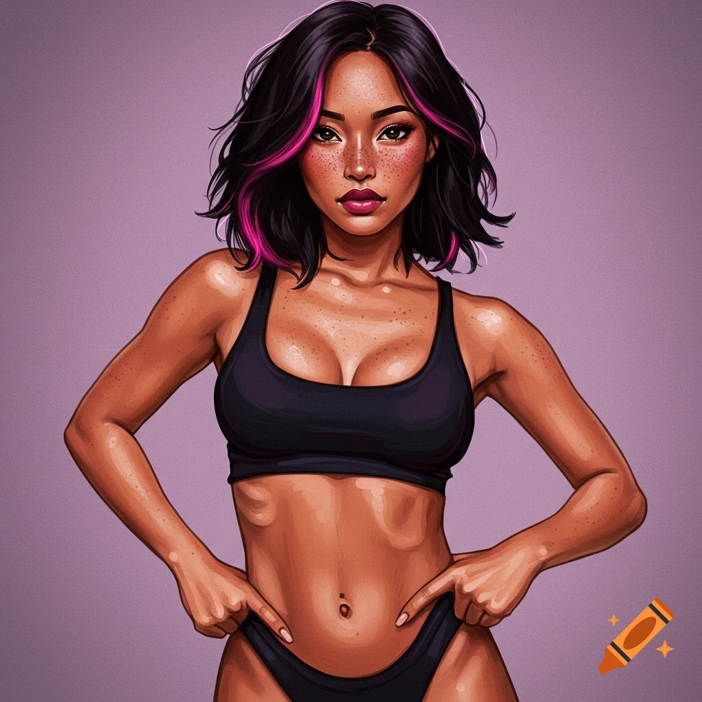 A woman with pink highlights in her hair, wearing a black sports bra and underwear, hands on her hips and pointing down.
