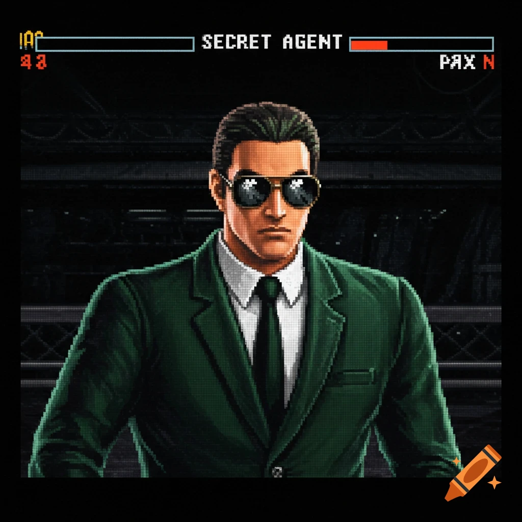 Pixel art of a man in a green suit and sunglasses, like a retro fighting game character with a HUD.