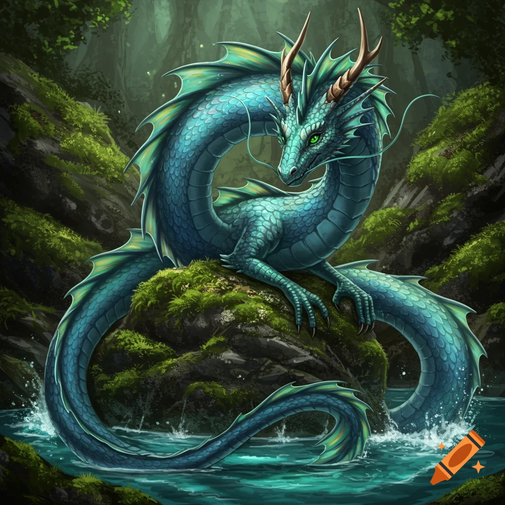 A blue and green dragon sits on a mossy rock in a forest stream.