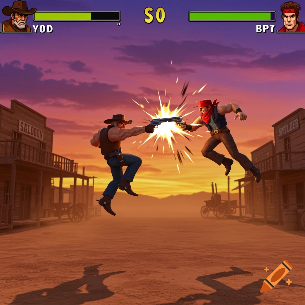 Two cowboy fighters in mid-air gun duel at sunset in a wild west town, styled like a classic PS1 video game.