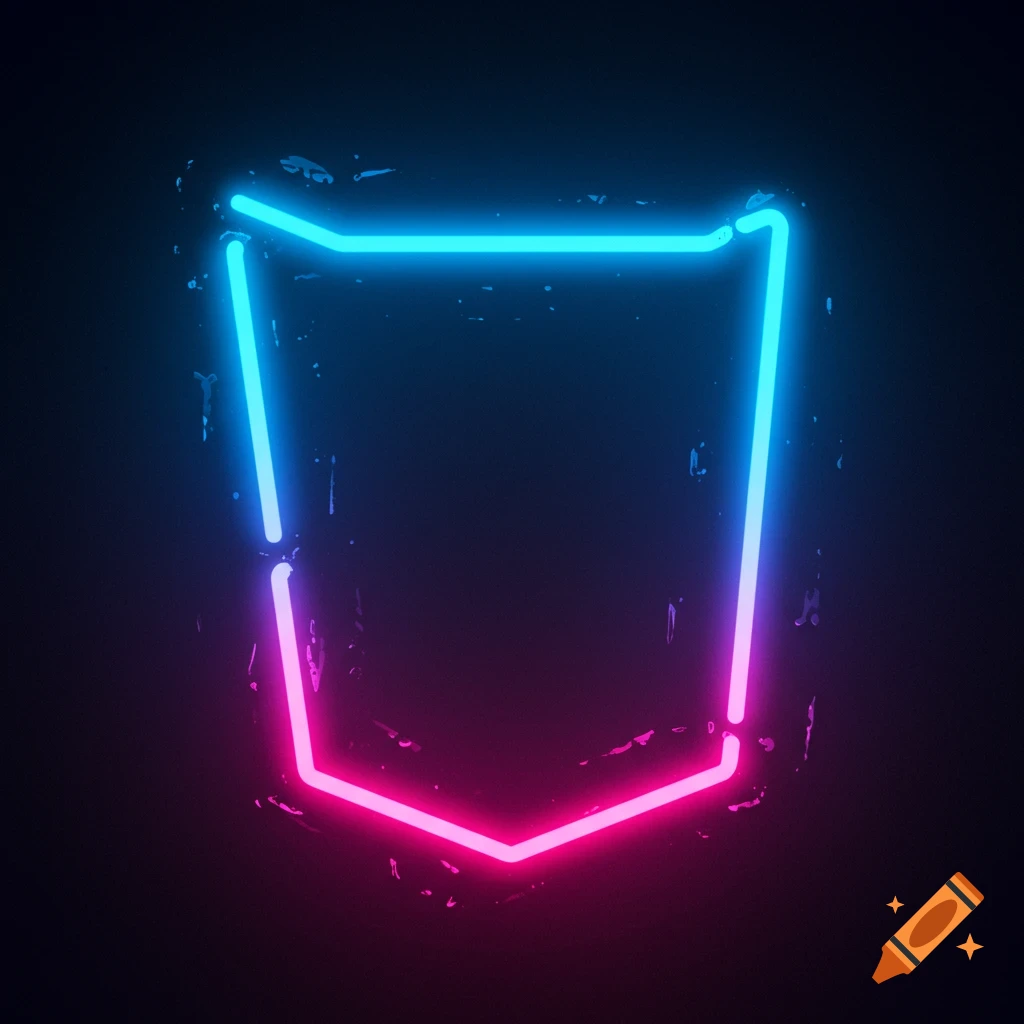 Geometric shape outlined in neon blue and pink light on a dark background