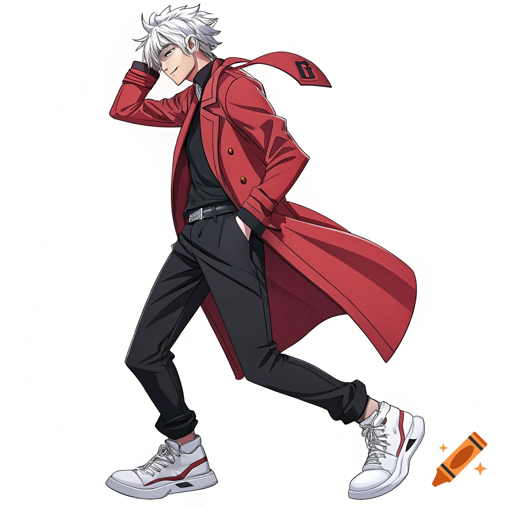 Anime illustration of a man with white hair, red coat, black pants, and white sneakers walking.