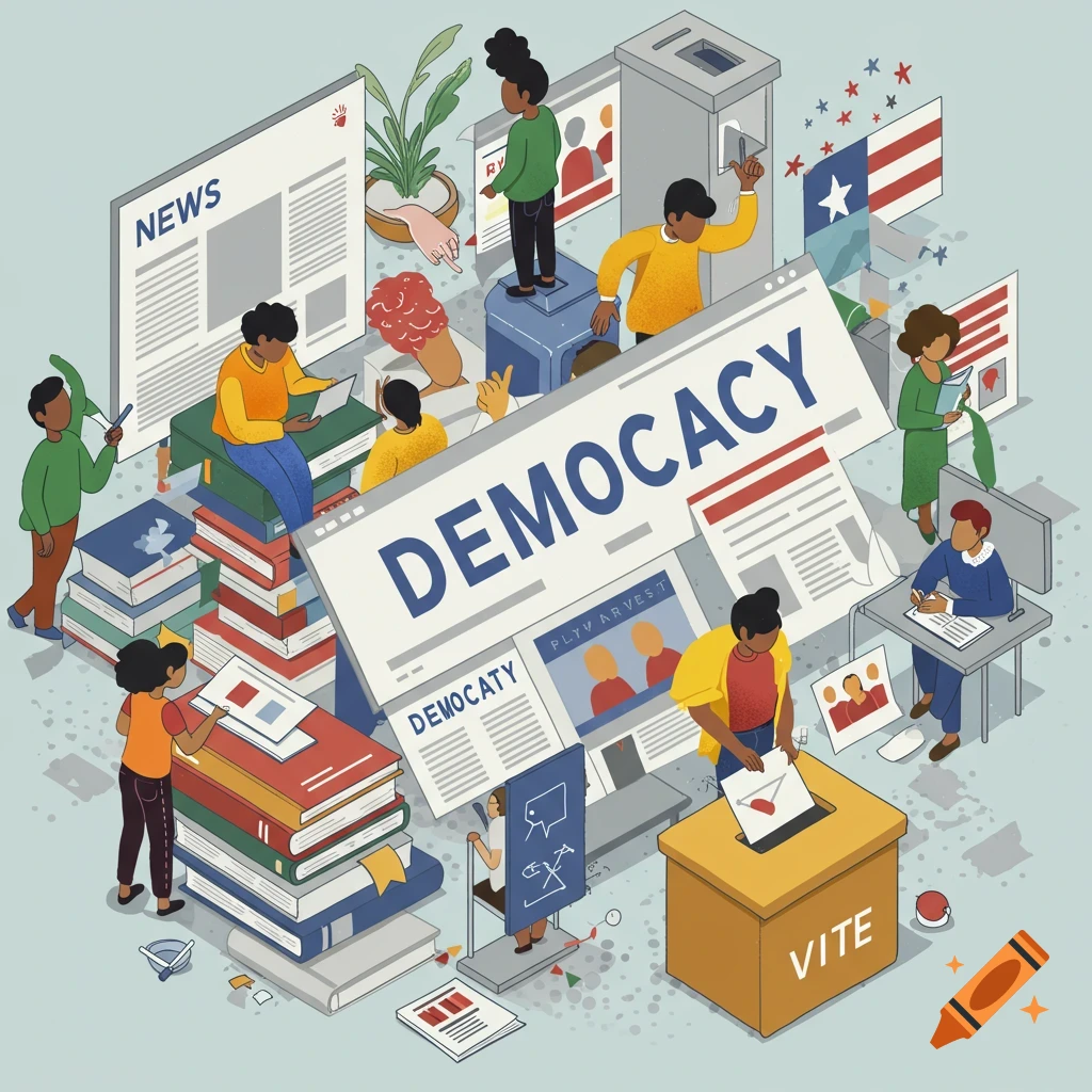 Digital illustration of diverse people interacting with books, screens, and a voting booth related to democracy.