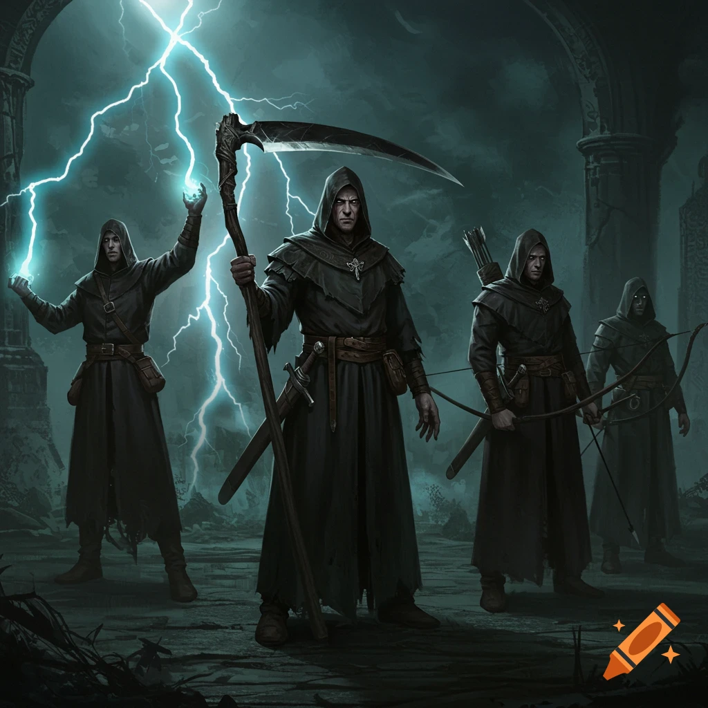 Four robed fantasy characters with a scythe, lightning, and bow in a stormy ruin
