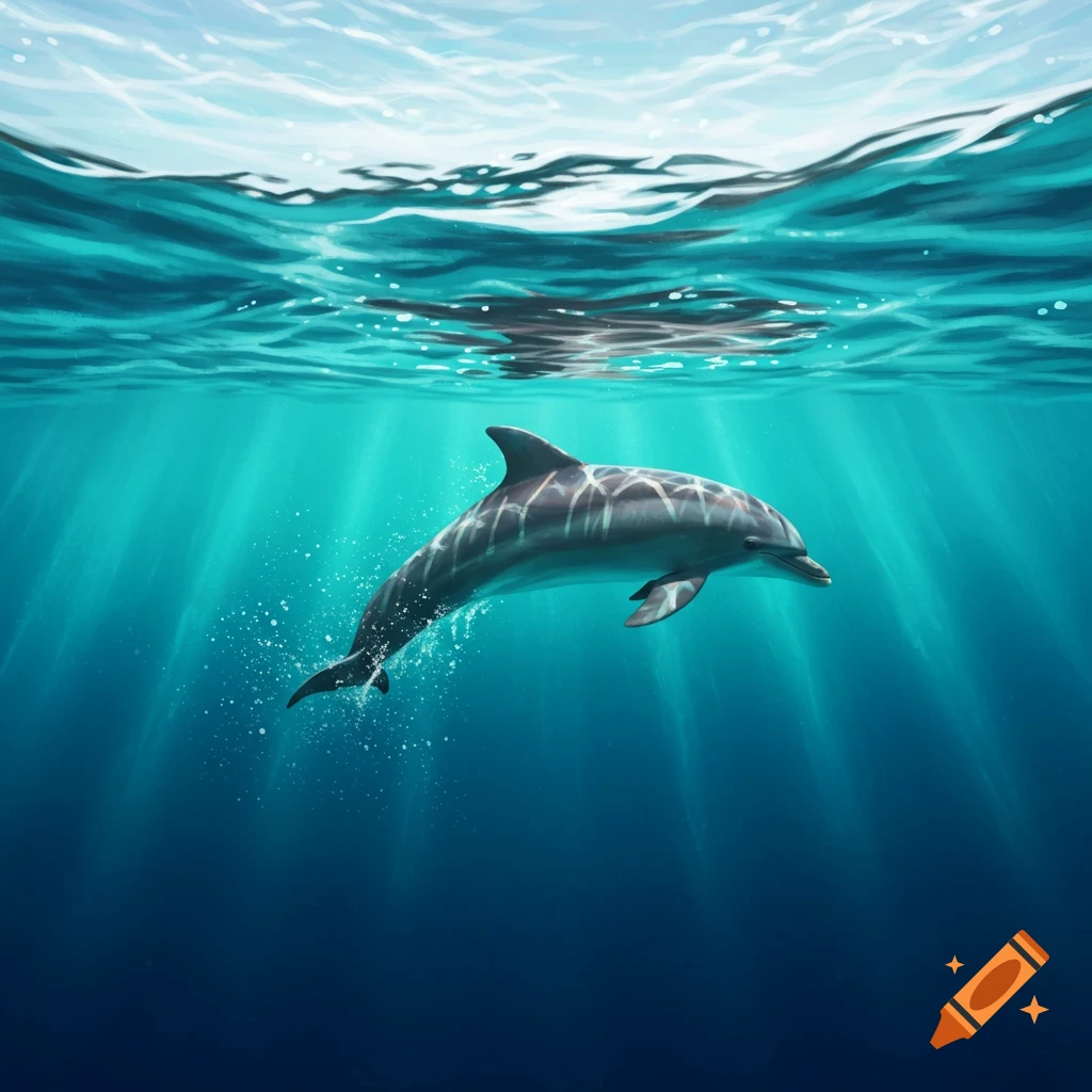 A dolphin swimming underwater with sunlight filtering through the surface.