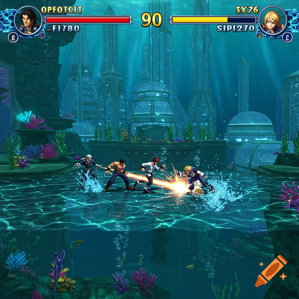 A 3D fighting game screenshot with PS2 graphics showing four characters fighting in an underwater city setting with a game UI overlay.